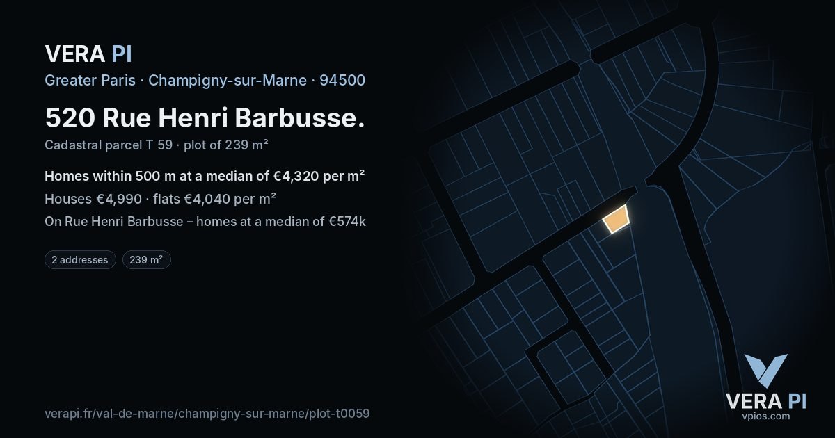 520 Rue Henri Barbusse, Champigny-sur-Marne at night – the plot lit, the parcels around coloured by the prices near them