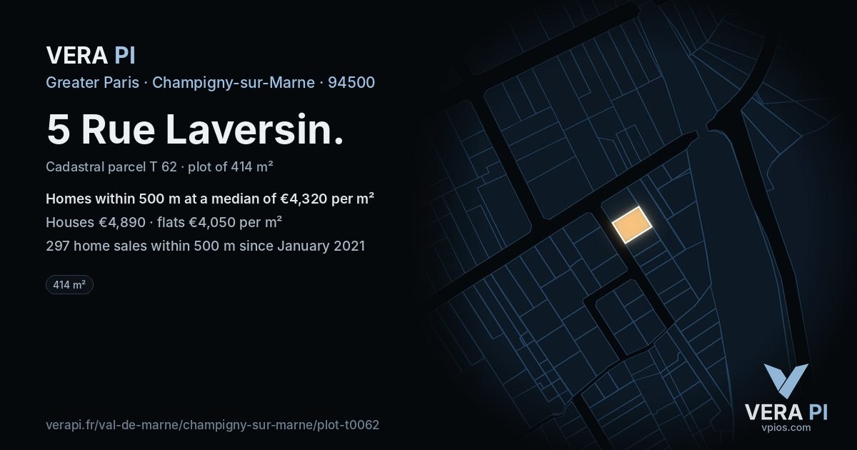 5 Rue Laversin, Champigny-sur-Marne at night – the plot lit, the parcels around coloured by the prices near them