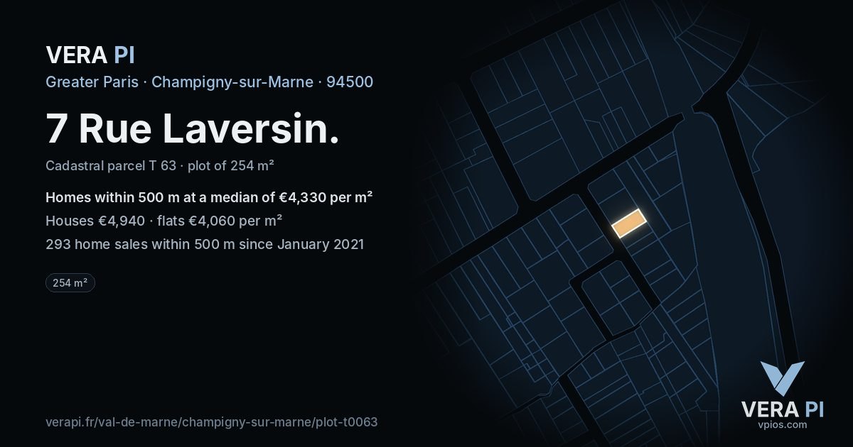 7 Rue Laversin, Champigny-sur-Marne at night – the plot lit, the parcels around coloured by the prices near them