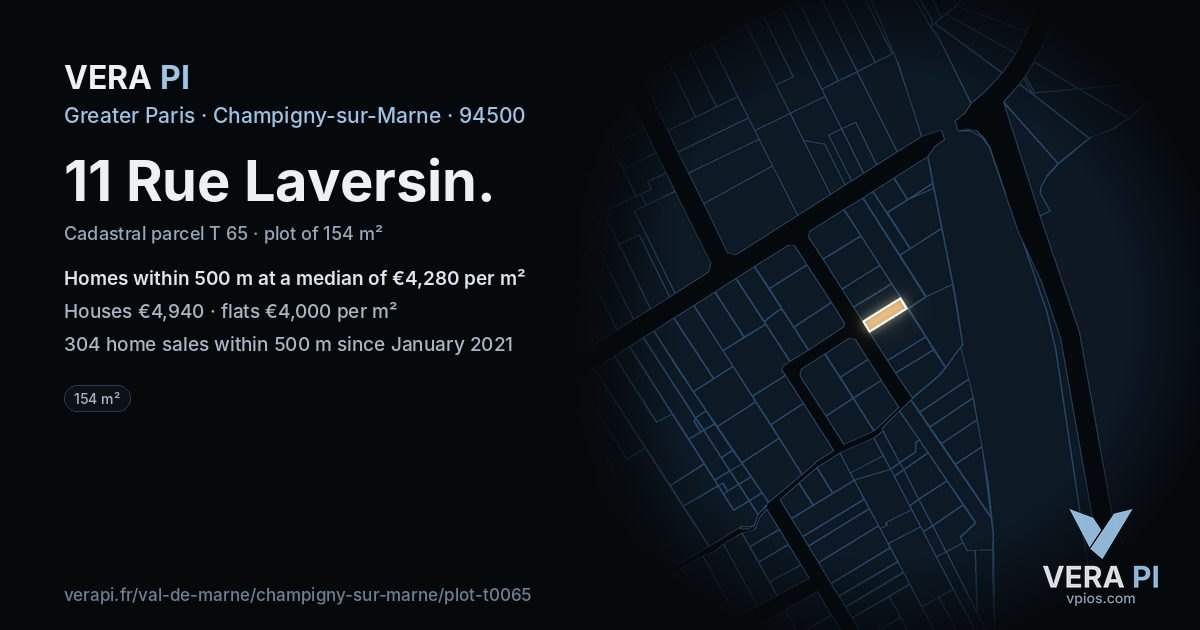 11 Rue Laversin, Champigny-sur-Marne at night – the plot lit, the parcels around coloured by the prices near them