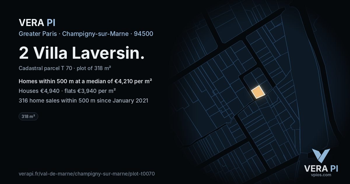 2 Villa Laversin, Champigny-sur-Marne at night – the plot lit, the parcels around coloured by the prices near them