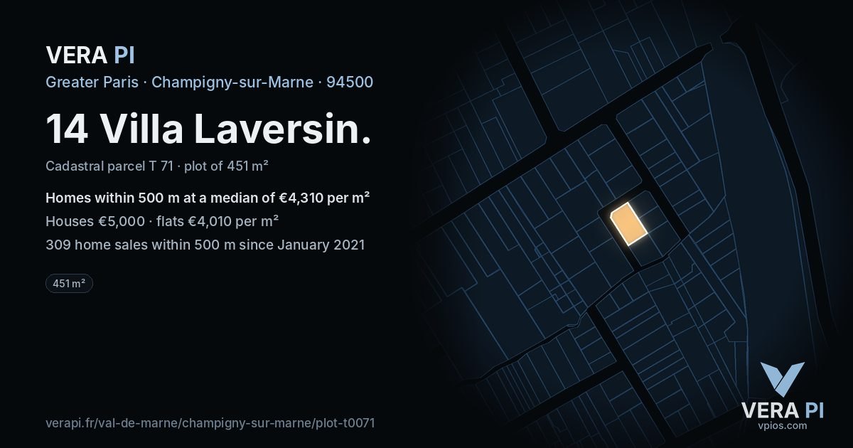 14 Villa Laversin, Champigny-sur-Marne at night – the plot lit, the parcels around coloured by the prices near them