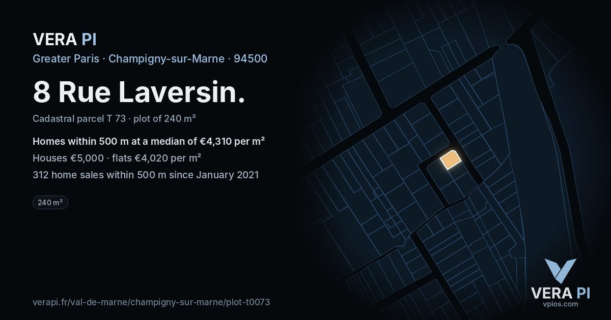 8 Rue Laversin, Champigny-sur-Marne at night – the plot lit, the parcels around coloured by the prices near them