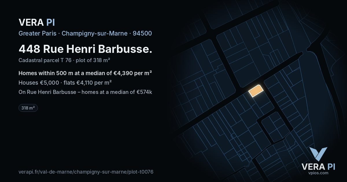 448 Rue Henri Barbusse, Champigny-sur-Marne at night – the plot lit, the parcels around coloured by the prices near them