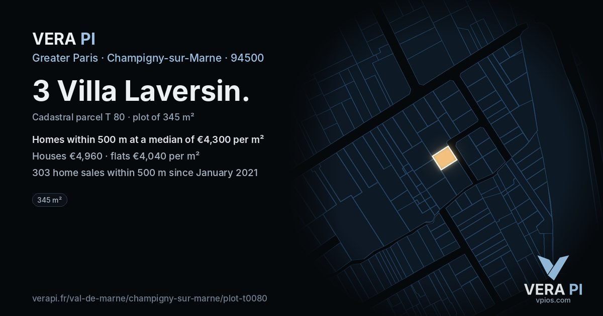3 Villa Laversin, Champigny-sur-Marne at night – the plot lit, the parcels around coloured by the prices near them