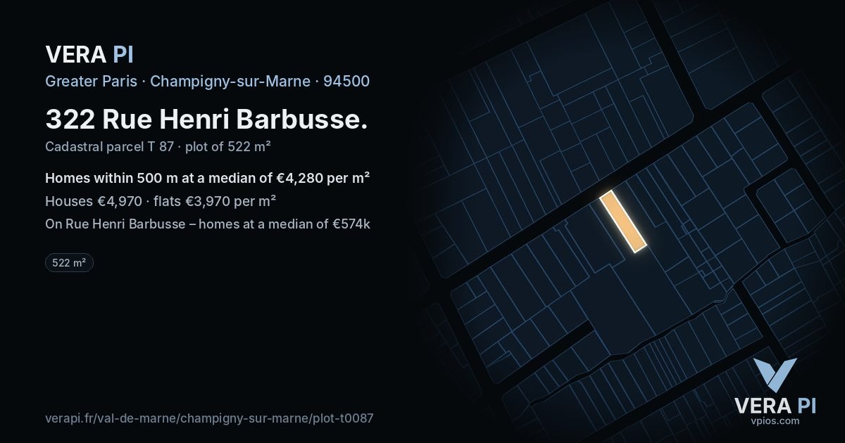 322 Rue Henri Barbusse, Champigny-sur-Marne at night – the plot lit, the parcels around coloured by the prices near them