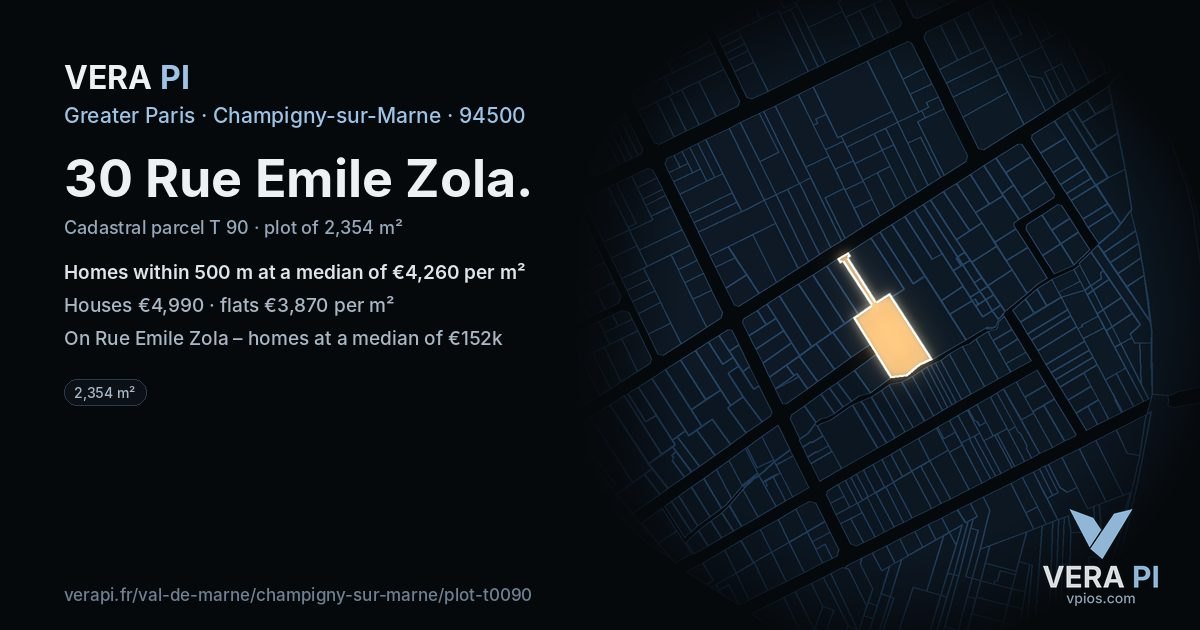 30 Rue Emile Zola, Champigny-sur-Marne at night – the plot lit, the parcels around coloured by the prices near them