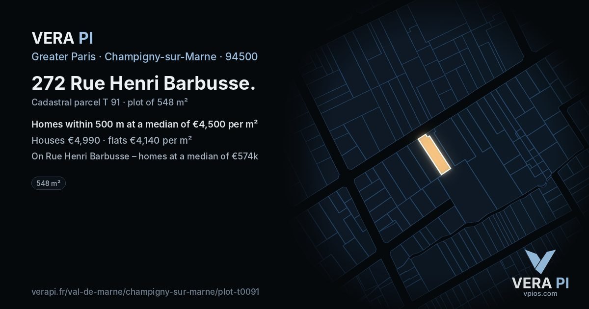 272 Rue Henri Barbusse, Champigny-sur-Marne at night – the plot lit, the parcels around coloured by the prices near them