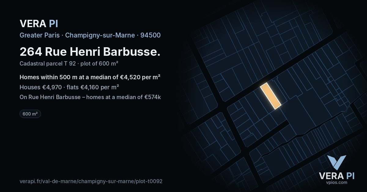 264 Rue Henri Barbusse, Champigny-sur-Marne at night – the plot lit, the parcels around coloured by the prices near them