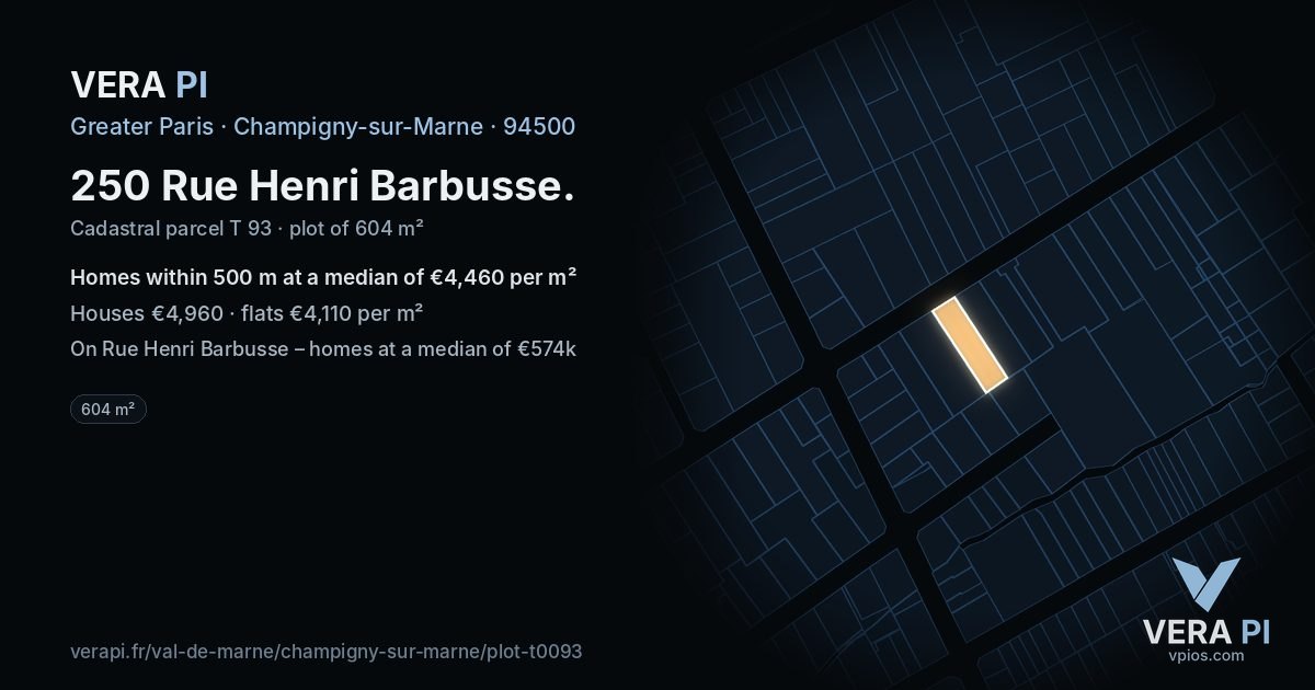 250 Rue Henri Barbusse, Champigny-sur-Marne at night – the plot lit, the parcels around coloured by the prices near them