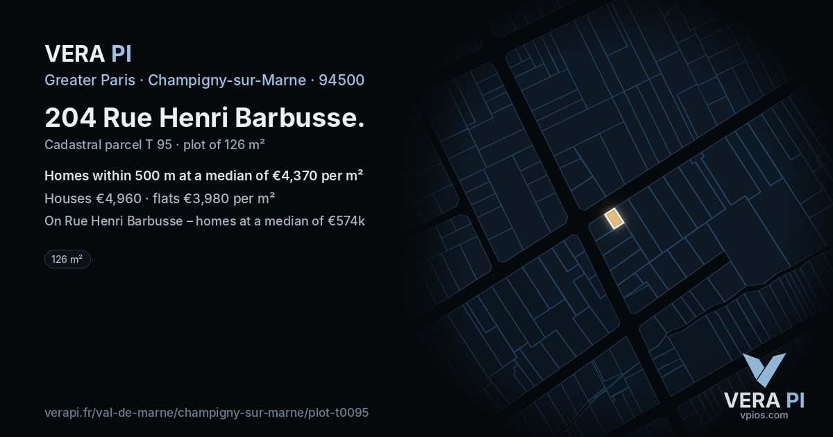 204 Rue Henri Barbusse, Champigny-sur-Marne at night – the plot lit, the parcels around coloured by the prices near them