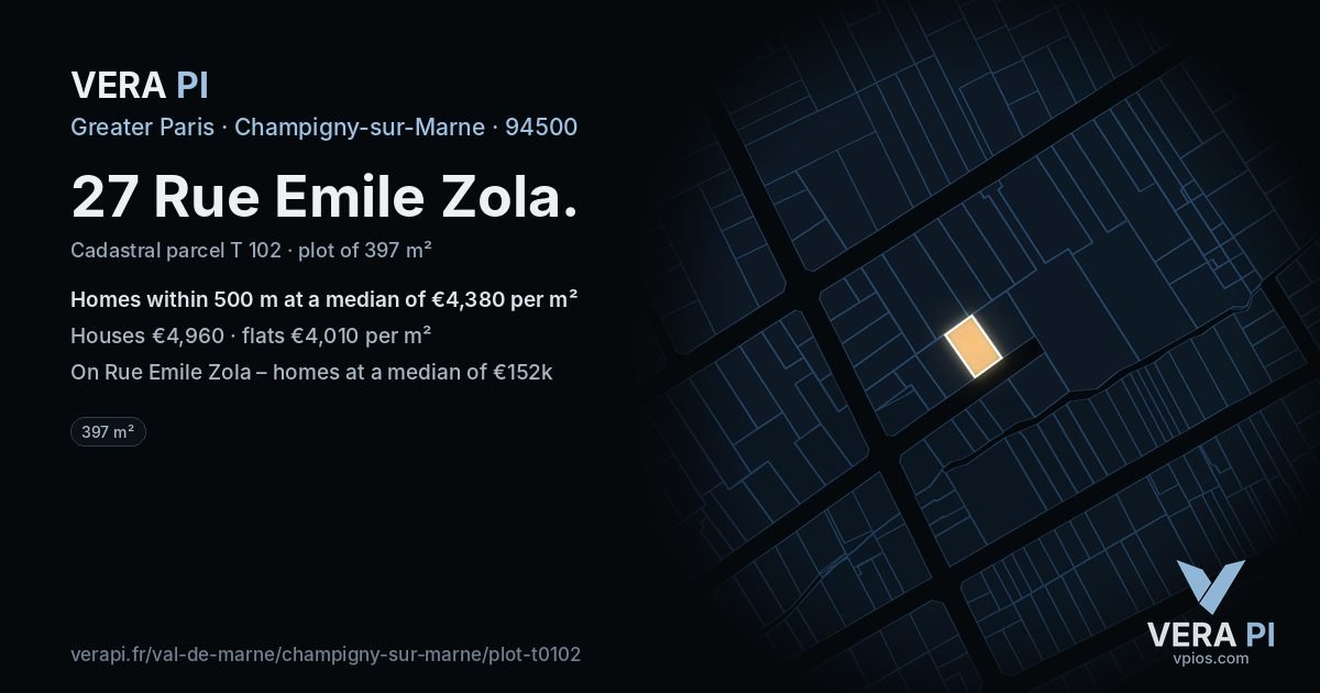 27 Rue Emile Zola, Champigny-sur-Marne at night – the plot lit, the parcels around coloured by the prices near them