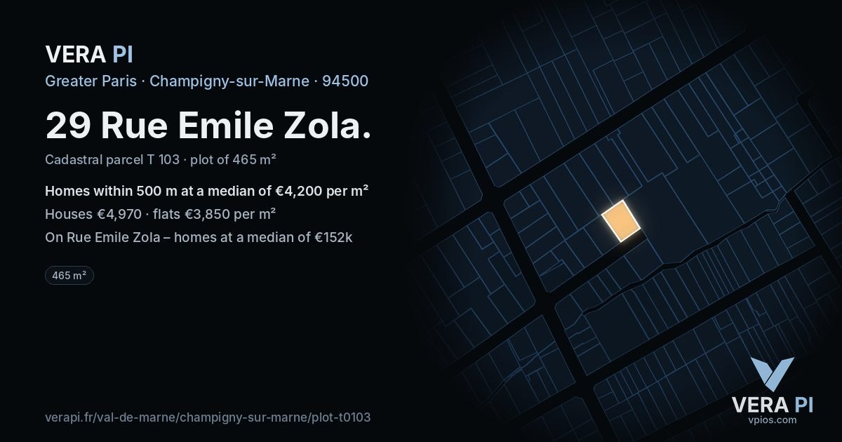 29 Rue Emile Zola, Champigny-sur-Marne at night – the plot lit, the parcels around coloured by the prices near them