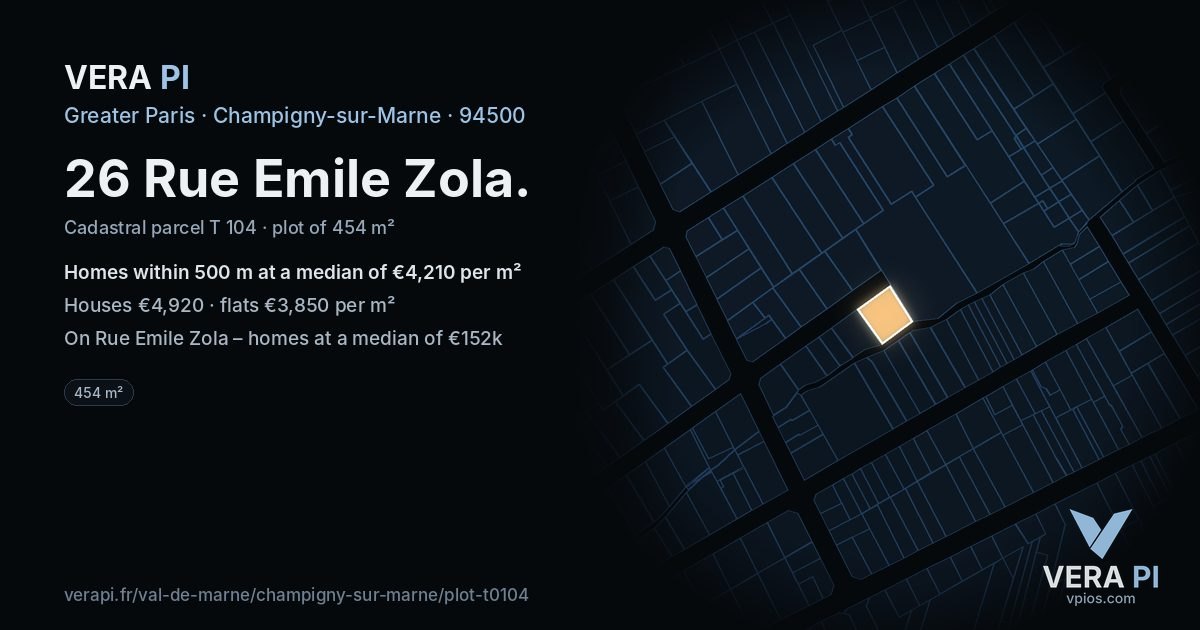 26 Rue Emile Zola, Champigny-sur-Marne at night – the plot lit, the parcels around coloured by the prices near them