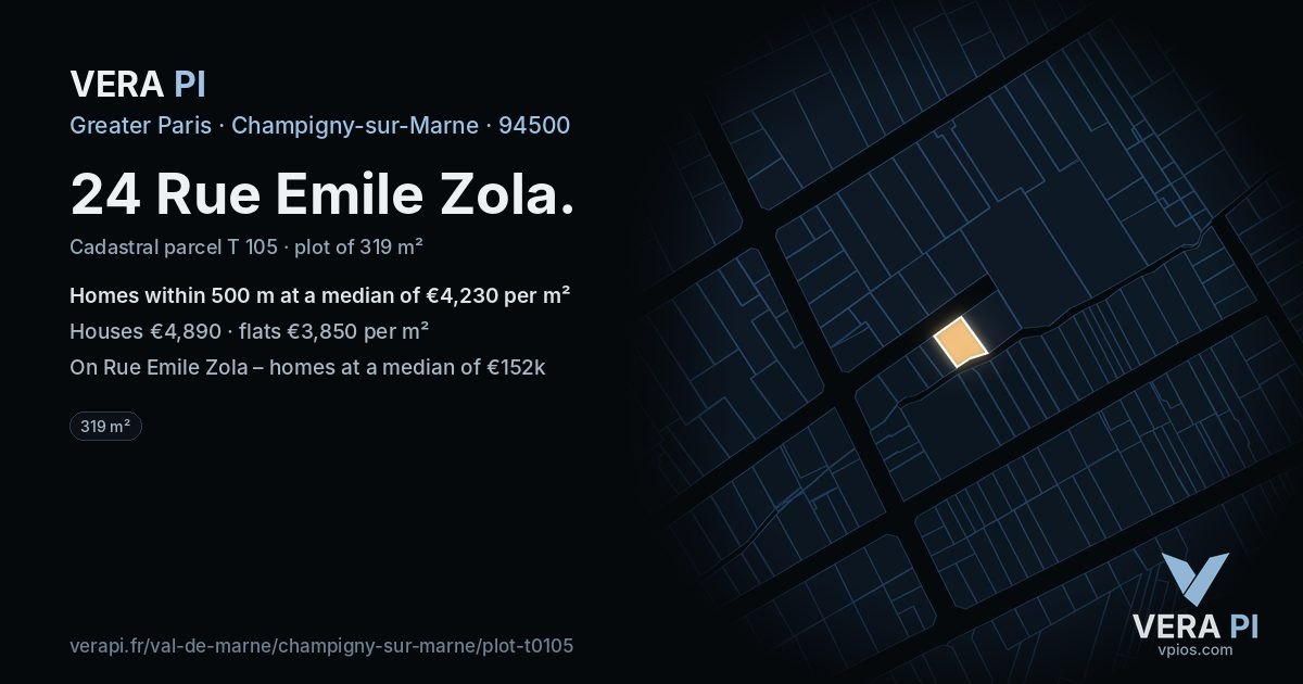 24 Rue Emile Zola, Champigny-sur-Marne at night – the plot lit, the parcels around coloured by the prices near them