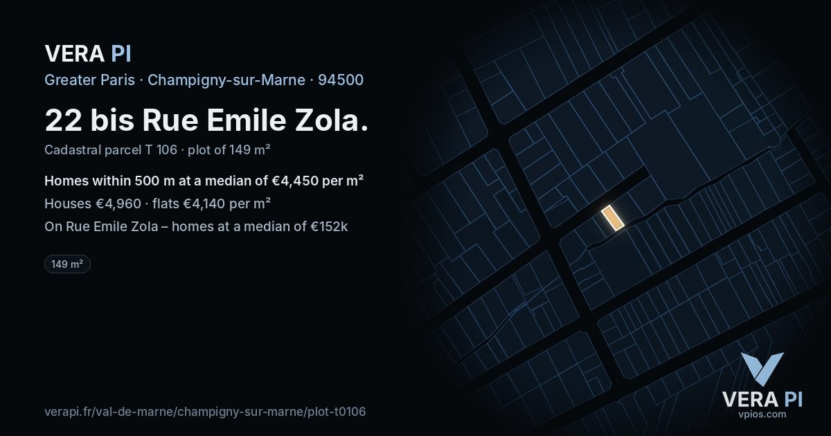22 bis Rue Emile Zola, Champigny-sur-Marne at night – the plot lit, the parcels around coloured by the prices near them