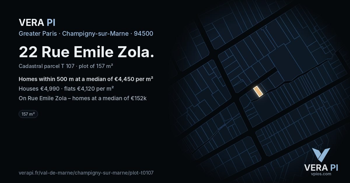 22 Rue Emile Zola, Champigny-sur-Marne at night – the plot lit, the parcels around coloured by the prices near them