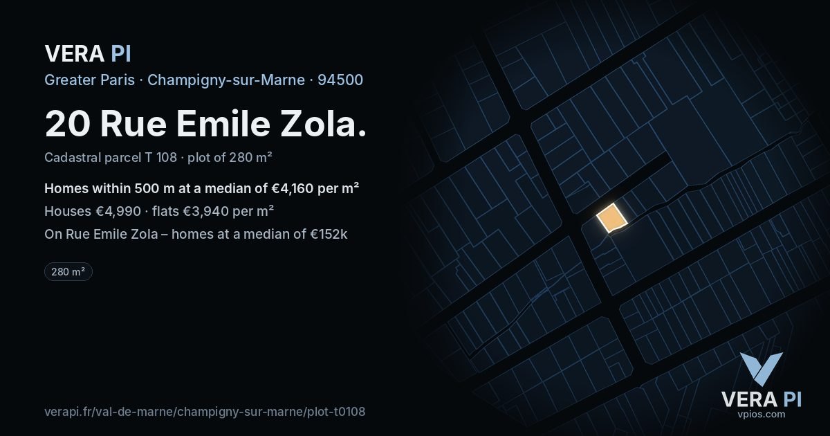 20 Rue Emile Zola, Champigny-sur-Marne at night – the plot lit, the parcels around coloured by the prices near them