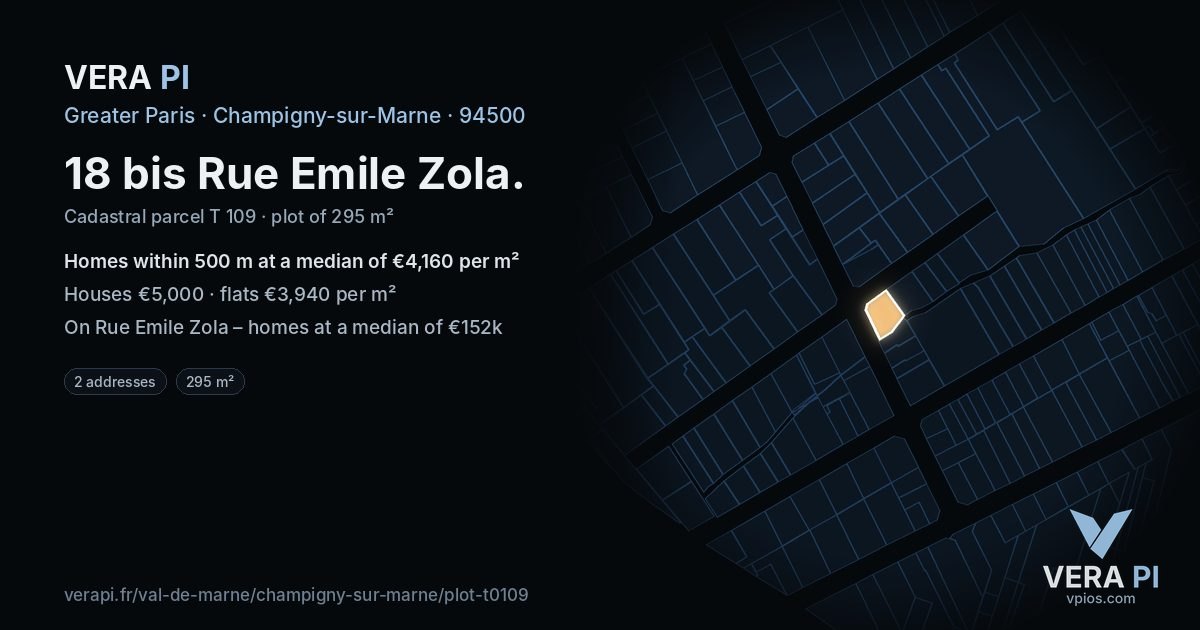 18 bis Rue Emile Zola, Champigny-sur-Marne at night – the plot lit, the parcels around coloured by the prices near them