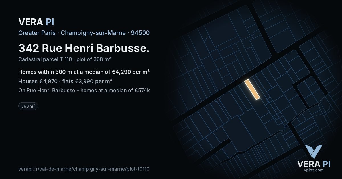 342 Rue Henri Barbusse, Champigny-sur-Marne at night – the plot lit, the parcels around coloured by the prices near them
