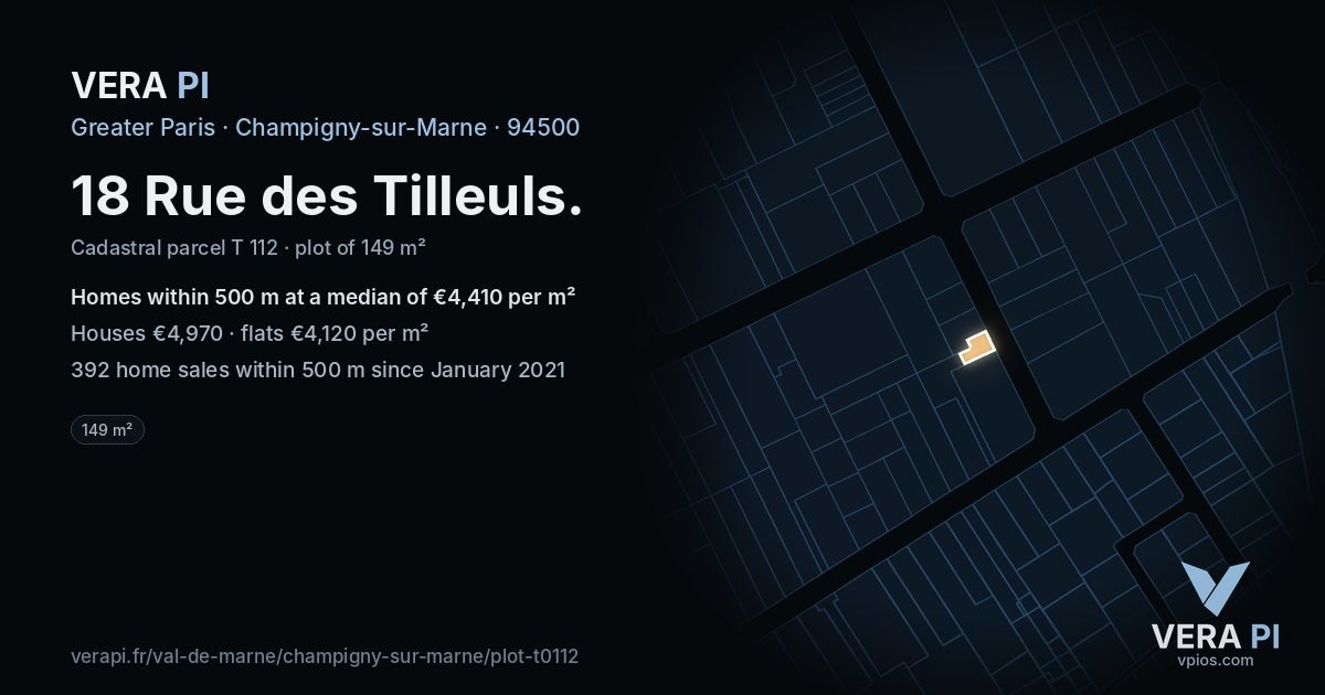 18 Rue des Tilleuls, Champigny-sur-Marne at night – the plot lit, the parcels around coloured by the prices near them
