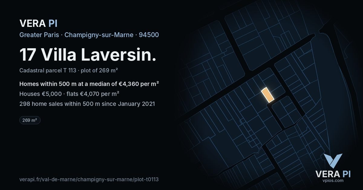 17 Villa Laversin, Champigny-sur-Marne at night – the plot lit, the parcels around coloured by the prices near them