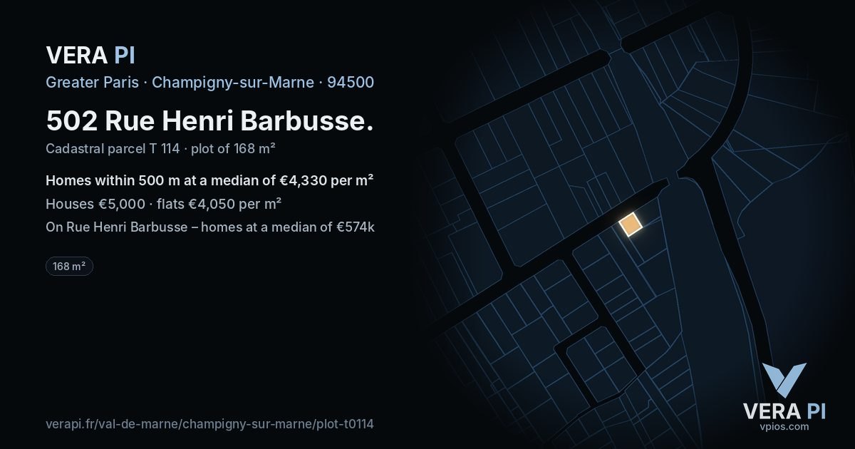 502 Rue Henri Barbusse, Champigny-sur-Marne at night – the plot lit, the parcels around coloured by the prices near them