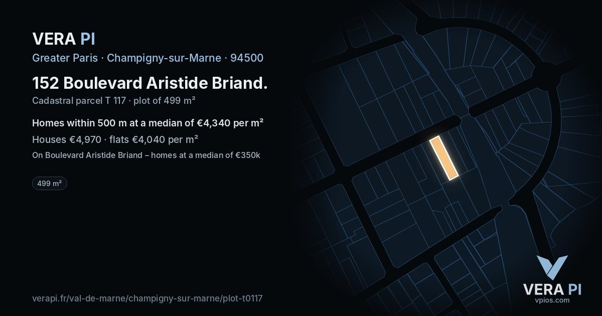 152 Boulevard Aristide Briand, Champigny-sur-Marne at night – the plot lit, the parcels around coloured by the prices near them