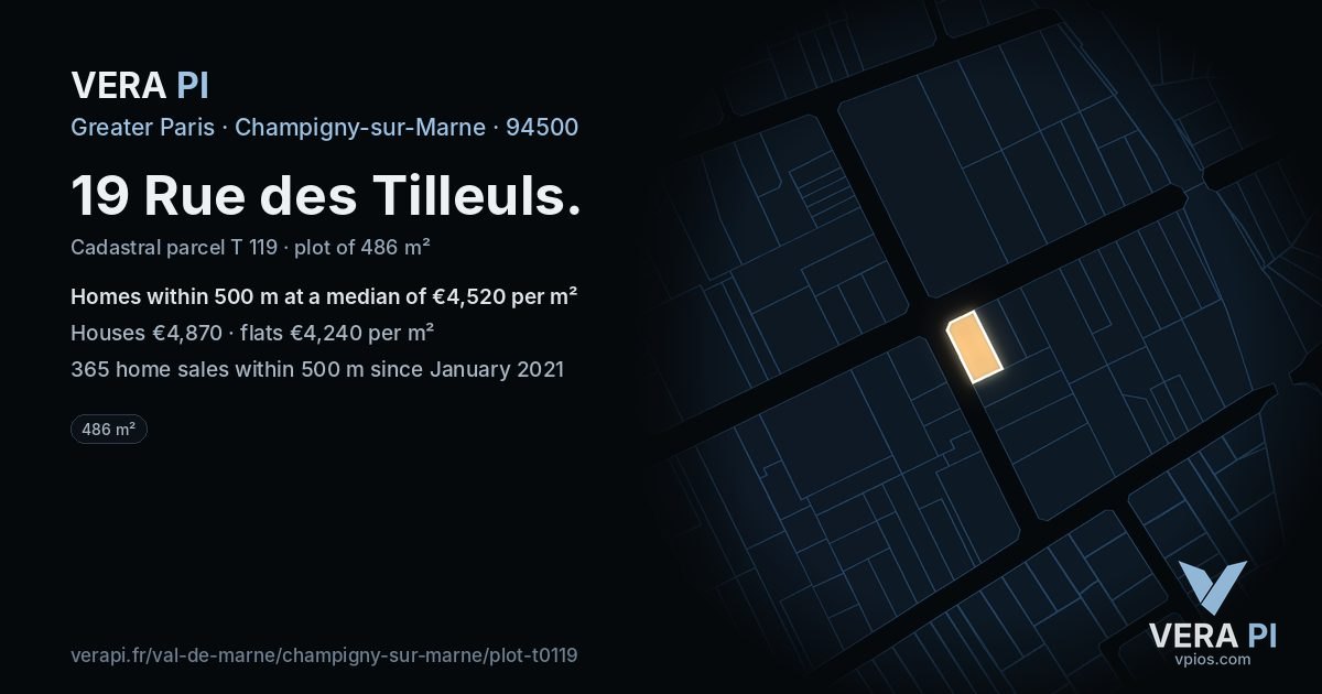 19 Rue des Tilleuls, Champigny-sur-Marne at night – the plot lit, the parcels around coloured by the prices near them