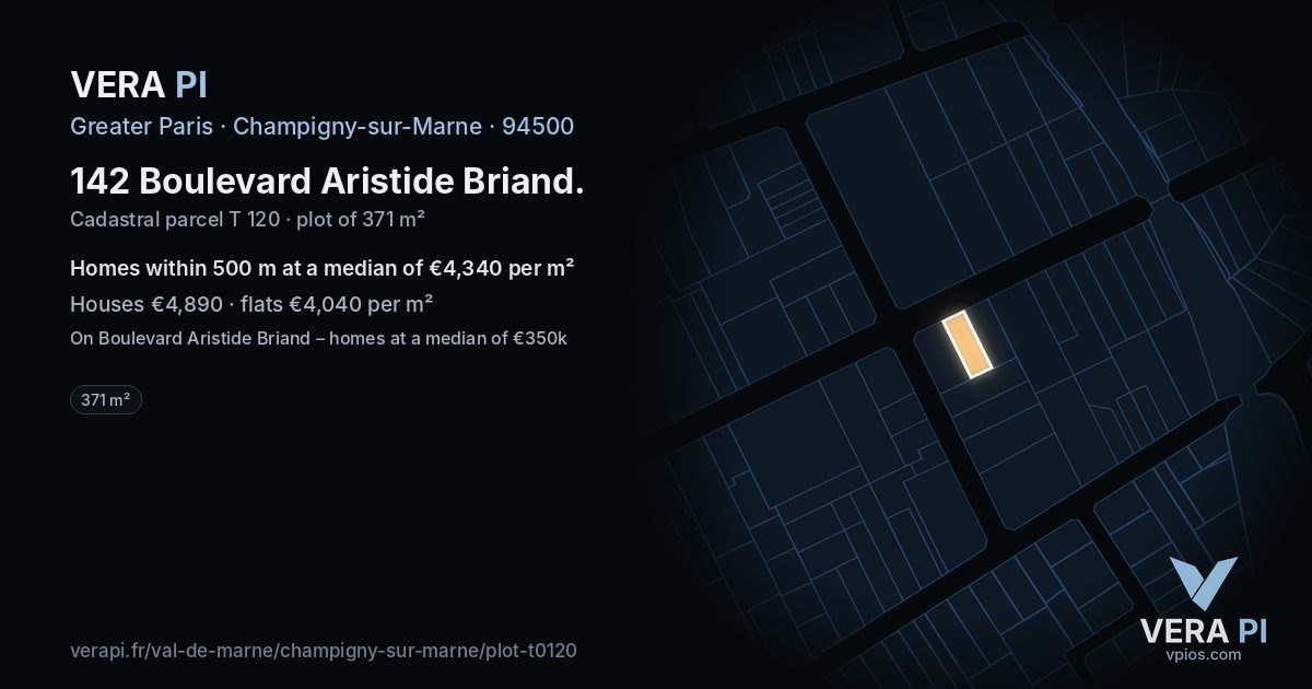 142 Boulevard Aristide Briand, Champigny-sur-Marne at night – the plot lit, the parcels around coloured by the prices near them