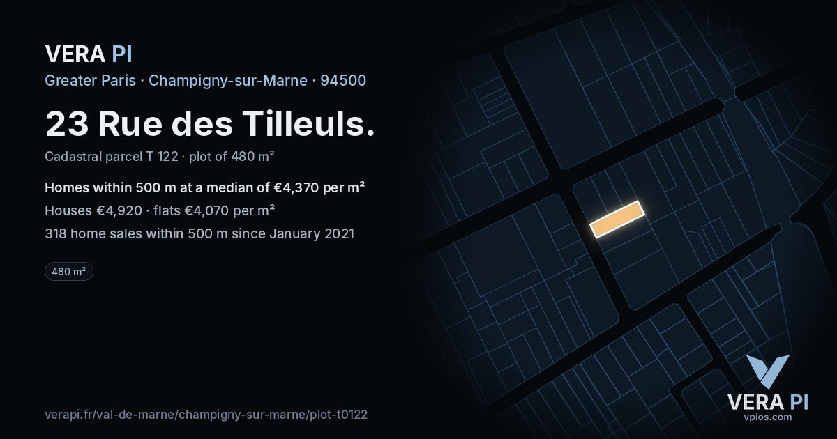 23 Rue des Tilleuls, Champigny-sur-Marne at night – the plot lit, the parcels around coloured by the prices near them