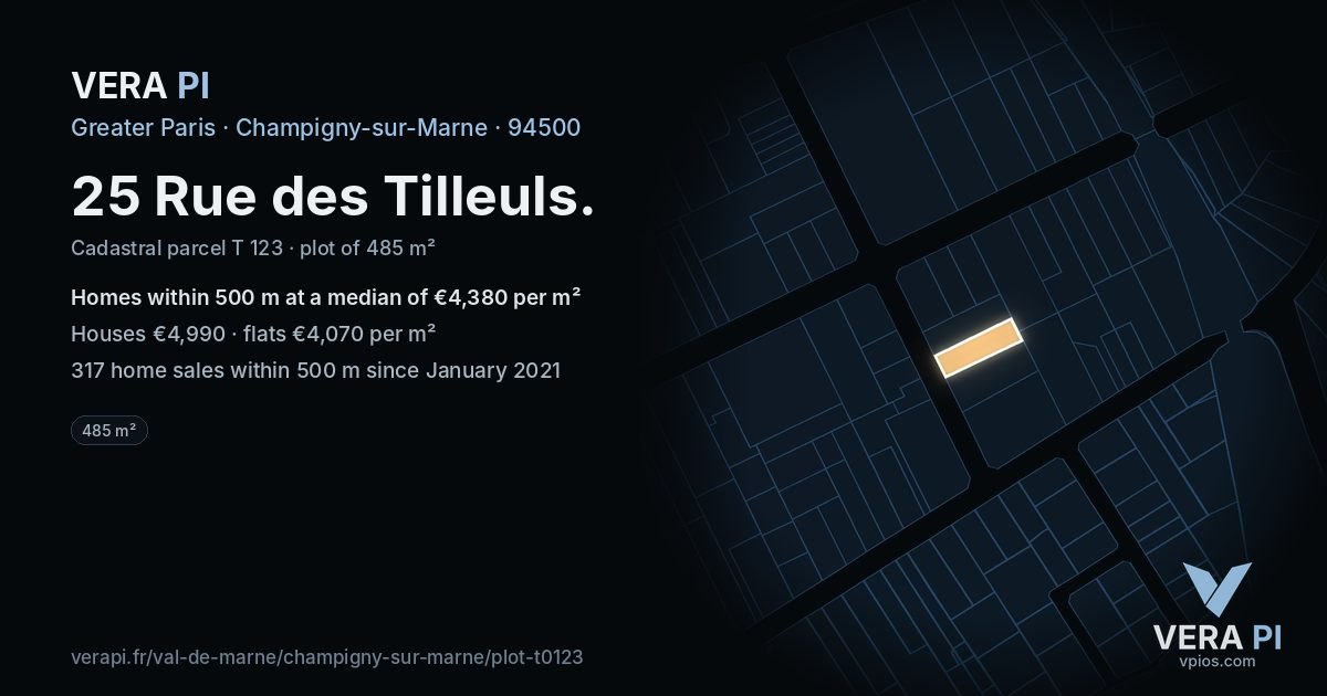 25 Rue des Tilleuls, Champigny-sur-Marne at night – the plot lit, the parcels around coloured by the prices near them