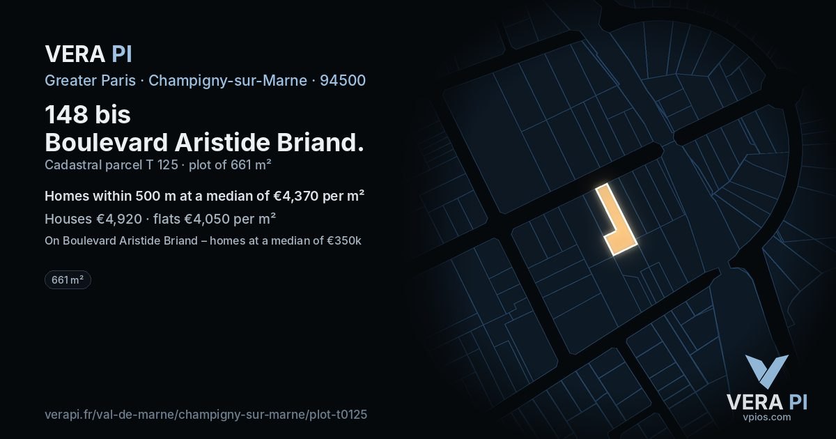 148 bis Boulevard Aristide Briand, Champigny-sur-Marne at night – the plot lit, the parcels around coloured by the prices near them