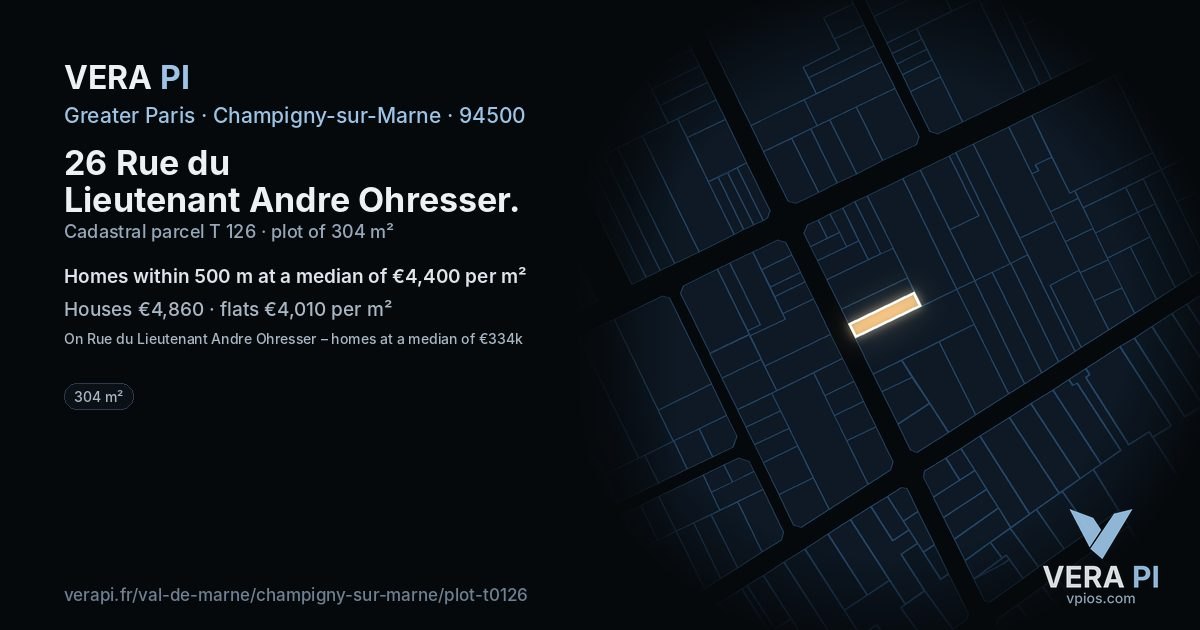 26 Rue du Lieutenant Andre Ohresser, Champigny-sur-Marne at night – the plot lit, the parcels around coloured by the prices near them