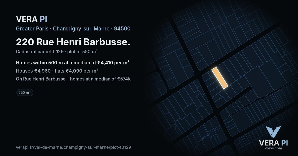 220 Rue Henri Barbusse, Champigny-sur-Marne at night – the plot lit, the parcels around coloured by the prices near them