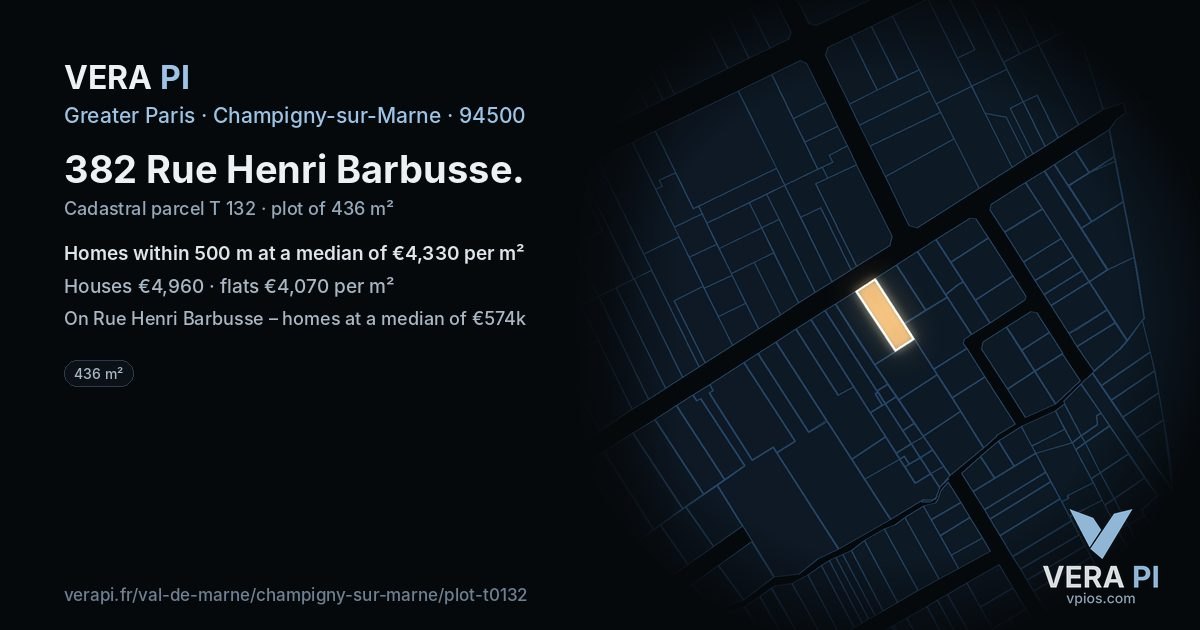382 Rue Henri Barbusse, Champigny-sur-Marne at night – the plot lit, the parcels around coloured by the prices near them