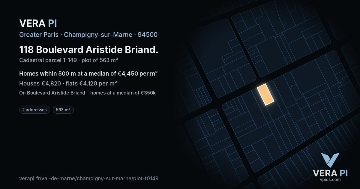 118 Boulevard Aristide Briand, Champigny-sur-Marne at night – the plot lit, the parcels around coloured by the prices near them
