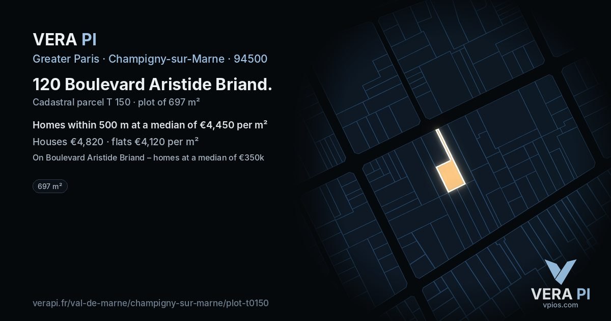 120 Boulevard Aristide Briand, Champigny-sur-Marne at night – the plot lit, the parcels around coloured by the prices near them