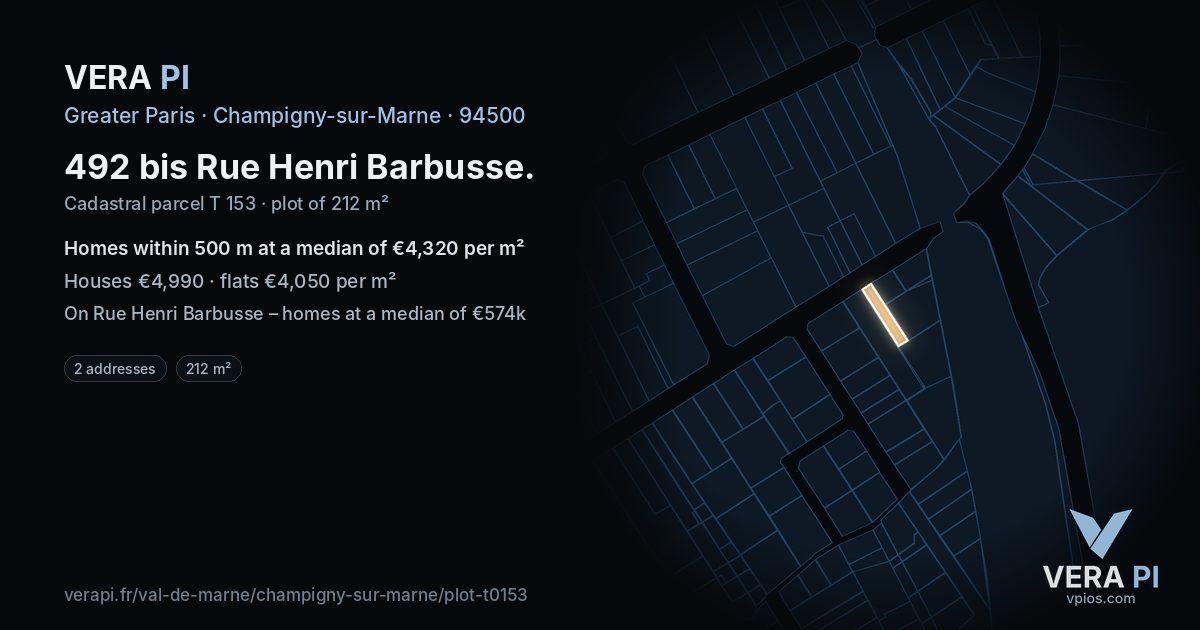 492 bis Rue Henri Barbusse, Champigny-sur-Marne at night – the plot lit, the parcels around coloured by the prices near them