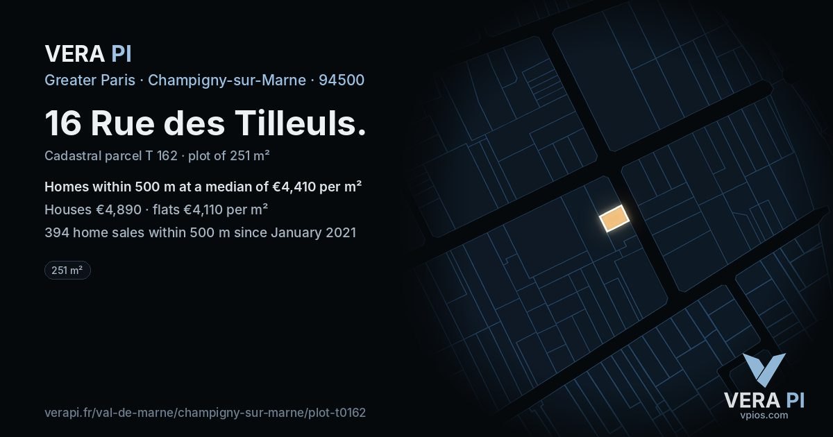 16 Rue des Tilleuls, Champigny-sur-Marne at night – the plot lit, the parcels around coloured by the prices near them