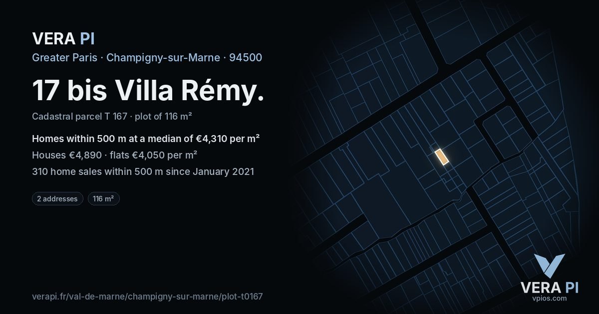 17 bis Villa Rémy, Champigny-sur-Marne at night – the plot lit, the parcels around coloured by the prices near them