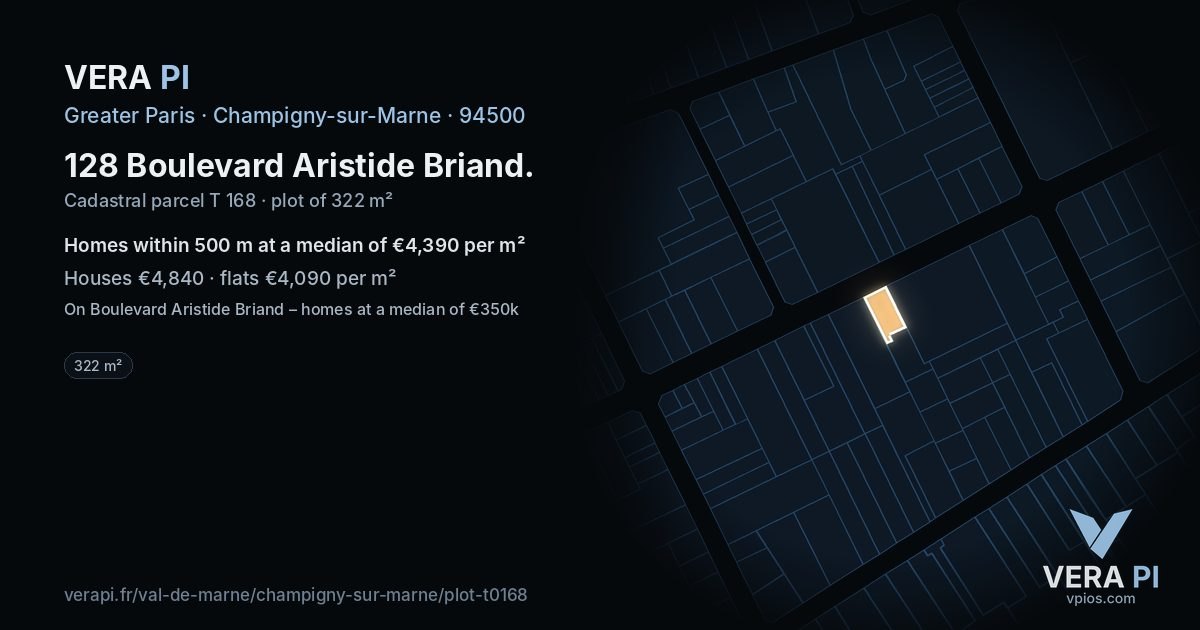 128 Boulevard Aristide Briand, Champigny-sur-Marne at night – the plot lit, the parcels around coloured by the prices near them