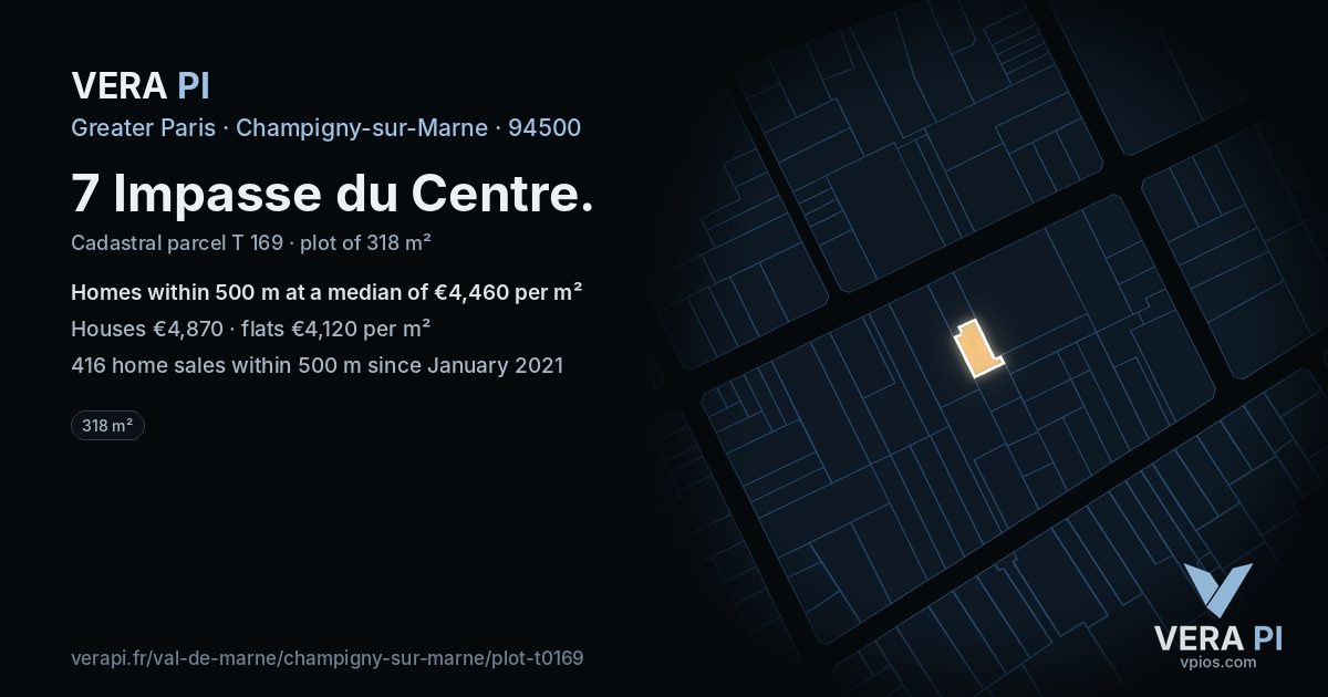 7 Impasse du Centre, Champigny-sur-Marne at night – the plot lit, the parcels around coloured by the prices near them
