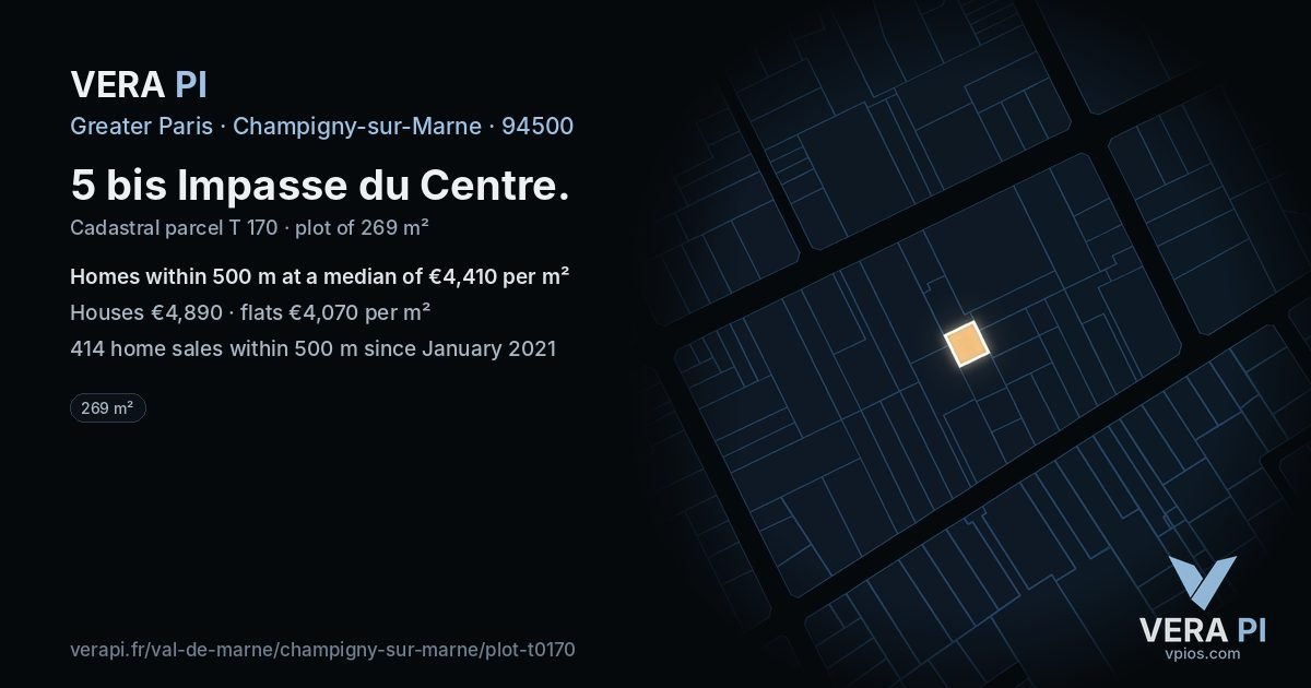 5 bis Impasse du Centre, Champigny-sur-Marne at night – the plot lit, the parcels around coloured by the prices near them