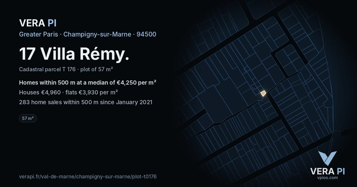 17 Villa Rémy, Champigny-sur-Marne at night – the plot lit, the parcels around coloured by the prices near them