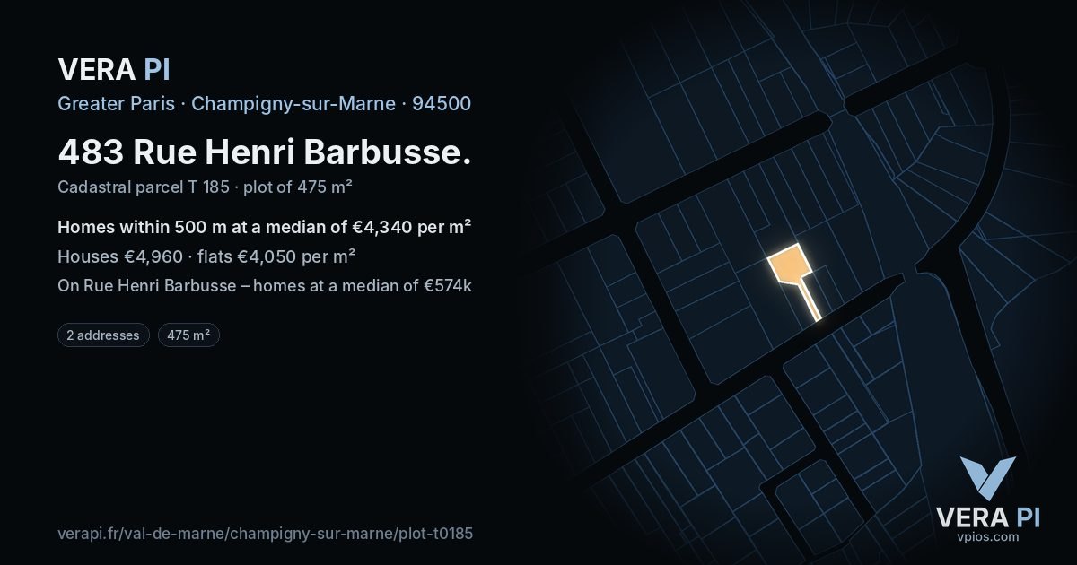483 Rue Henri Barbusse, Champigny-sur-Marne at night – the plot lit, the parcels around coloured by the prices near them