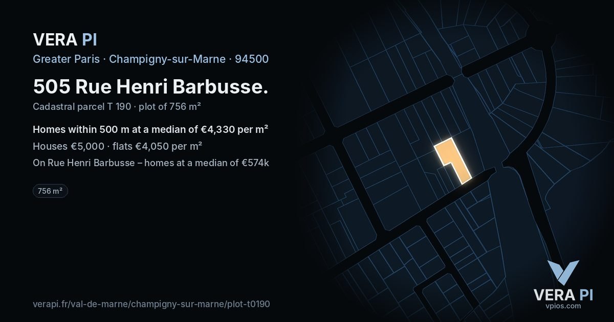 505 Rue Henri Barbusse, Champigny-sur-Marne at night – the plot lit, the parcels around coloured by the prices near them