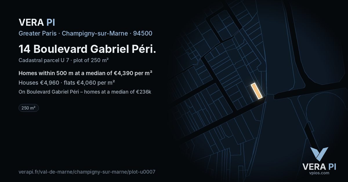 14 Boulevard Gabriel Péri, Champigny-sur-Marne at night – the plot lit, the parcels around coloured by the prices near them