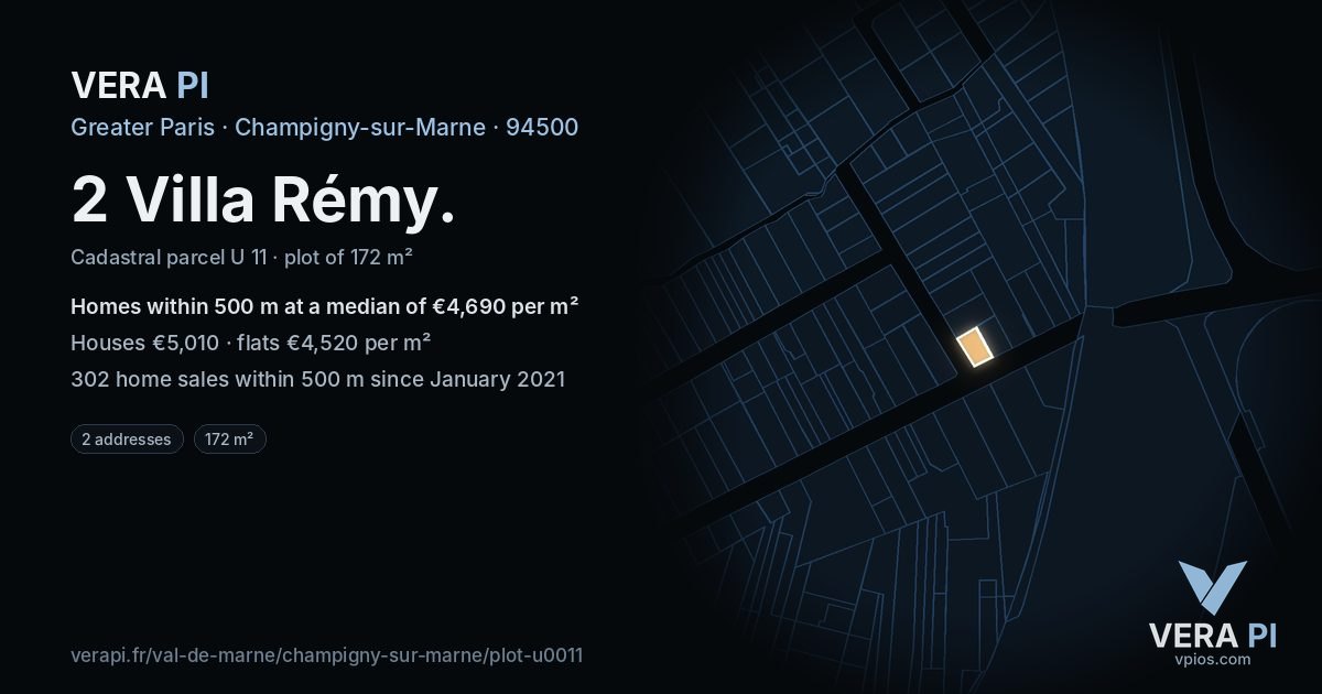 2 Villa Rémy, Champigny-sur-Marne at night – the plot lit, the parcels around coloured by the prices near them