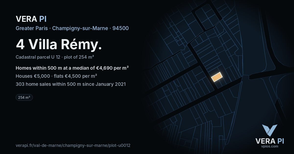 4 Villa Rémy, Champigny-sur-Marne at night – the plot lit, the parcels around coloured by the prices near them